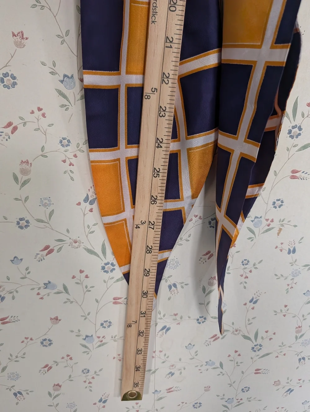 Navy and Gold Bow Scarf 1970's Vintage Poly Blend Office Professional Unique